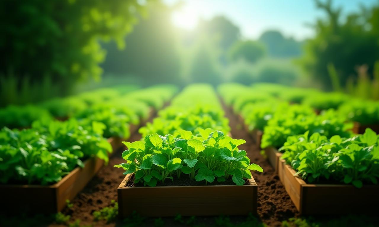 Thriving organic garden with raised beds